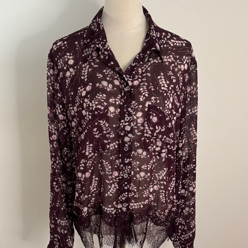 New York & Company Sheer Floral Blouse - Deep Purple and Soft Pink